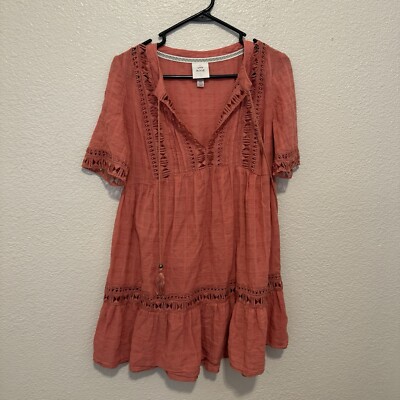 Knox Rose Cotton Cut out V Neck Crochet Short Sleeve Tunic Mini Dress Festival