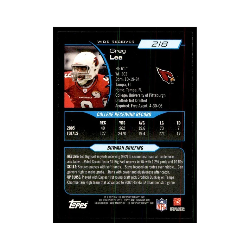2006 Bowman Greg Lee Football Cards #218 - Image 2 of 3
