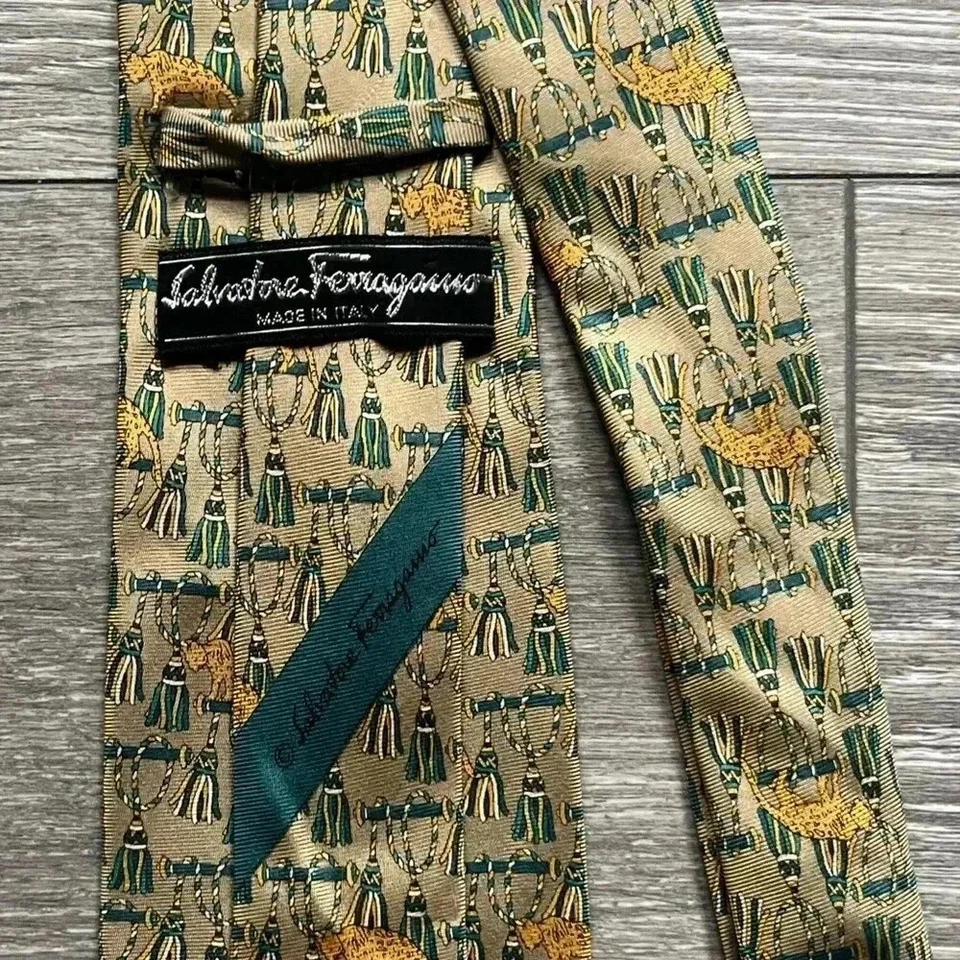 "Corbata para hombre Salvatore Ferragamo seda oro azul borla estampado guepardo 58""" Foto 3 de 4