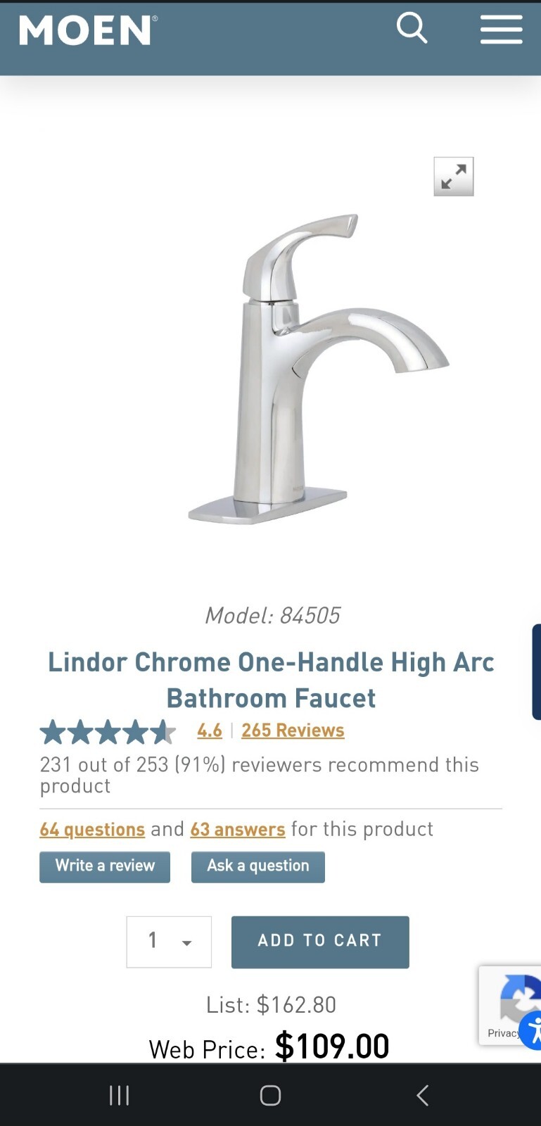 Moen Lindor 84505SRN Bathroom Single Handle Faucet Chrome Finish New