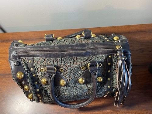 NWT Big Buddha Black Satchel Green Lace Handbag Purse Gold Beads Tassel Vintage - Picture 15 of 20