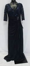 Betsy & Adam Women's Sequin Lace V-Neck 3/4 Sleeve Gown CD4 Navy Size 10 NWT