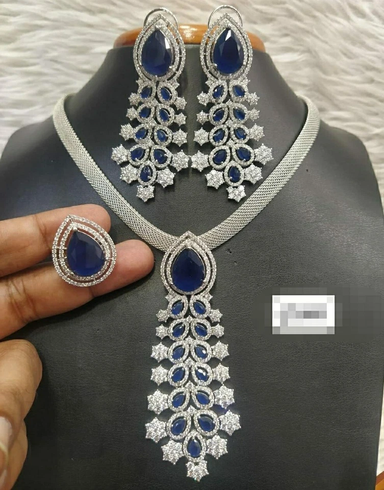 Collar Pendientes Anillo Joyería Swarovski Circonita cúbica Estilo Bollywood Chapado en Plata India Foto 4 de 4