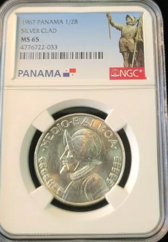 1967 PANAMA SILVER 1/2 BALBOA VASCO NUNEZ DE BALBOA NGC MS 65 LOW MINTAGE GEM !