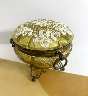 Antique Moser Trinket Box Chartreuse Glass White Enamel Floral Lance Brass Frame