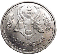 1953 Madagascar 5 Francs Aluminum-Bronze Coin KM#5   BU Unc  Large 31mm