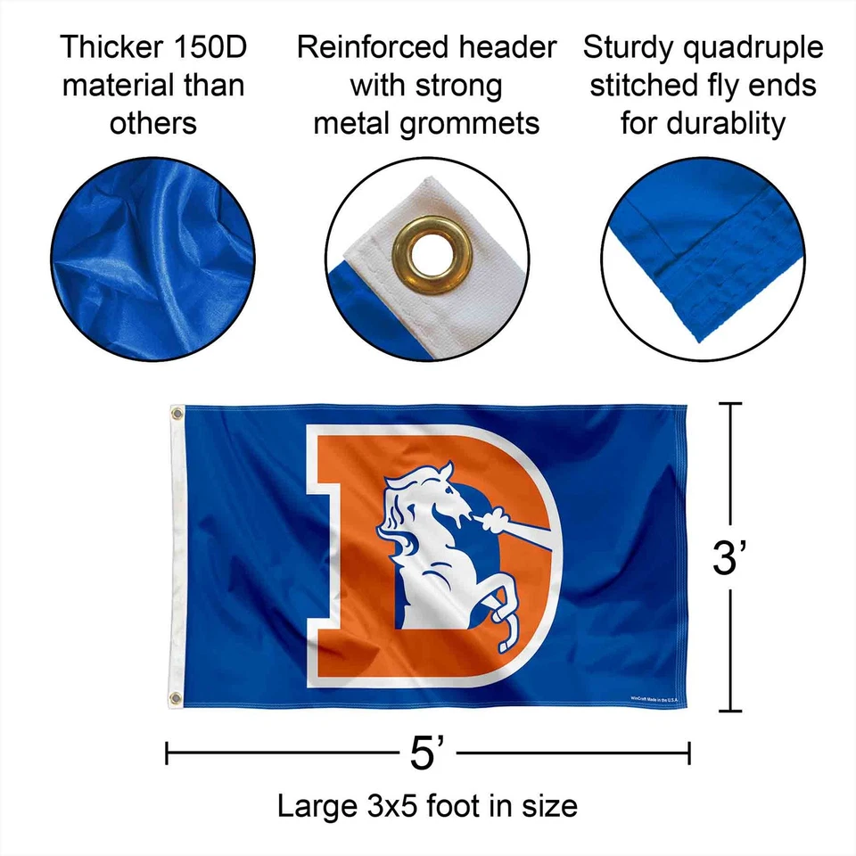 Denver Broncos Throwback Vintage NFL Flag Tailgating Banner - Image 2 of 4