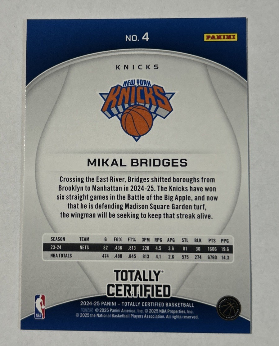 ラ*ー様 ギミック　US1ドル　最終価格 2024-25 Totally Certified Mikal Bridges Mirror New York Knicks #4