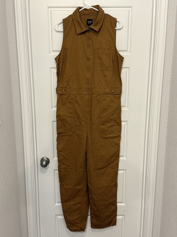 Gap Women's Brown Sleeveless Collared Zip Jumpsuit Straight Leg Pockets Size 10