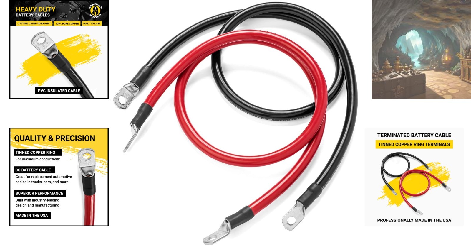 3 Ft 2 AWG Heavy-Duty Battery Cable - 100% Copper, Made in USA, Red & Black