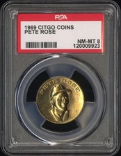 1969 Baseball Citgo Gas Oil Pin Coin PETE ROSE Cincinnati Reds PSA 8 NM-MT