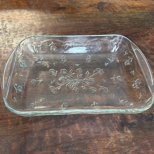 Vintage Anchor Hocking Savannah Baking Casserole Glass Dish Floral (D)