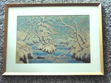 Vtg Ito Takashi Japanese woodblock print Remaining Snow in Oirase framed signed