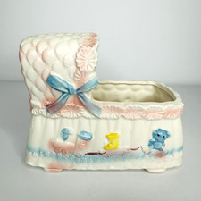 Vintage Relpo Baby Bassinet Crib Ceramic Planter Vase Japan Newborn Nursery 1973