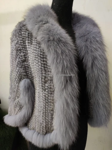 Handmade Knit Real Genuine Mink Fur Coat with Fox Fur Collar Shawls Wraps Cape - Picture 16 of 47