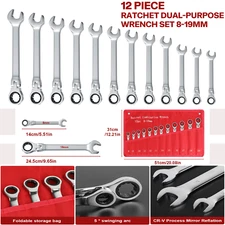 12Pc 8-19mm Metric Flexible/Fixed Head Ratcheting Wrench Combination Spanner Set