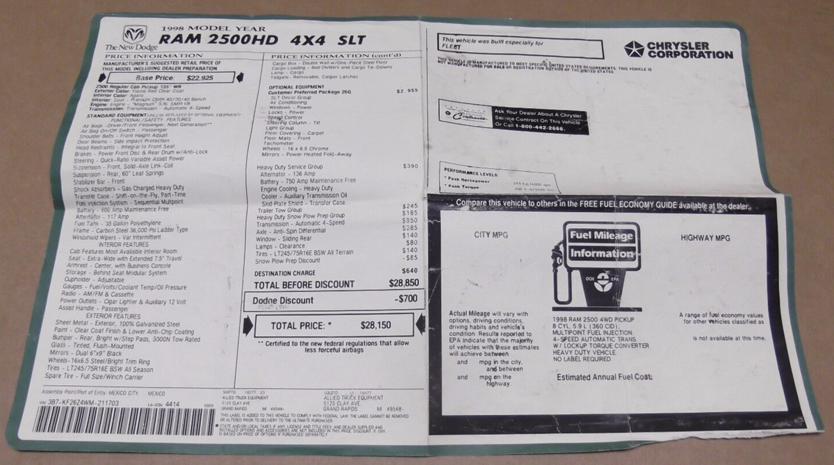 1998 DODGE RAM 2500 HD 4X4 SLT ORIGINAL WINDOW STICKER | eBay