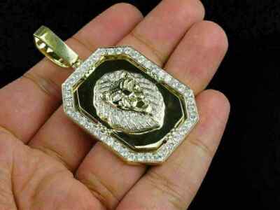 Men's 2Ct Round Cut Natural Moissanite Loin Pendant in Yellow Gold Plated Silver
