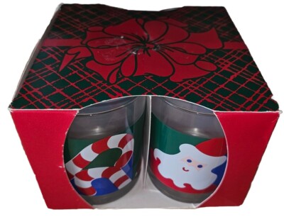 Vintage Christmas Themed Double Highballer Glasses Vivid Colors 4''
