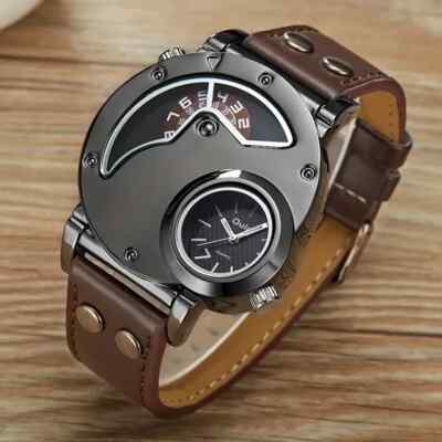 Unique Cool Double Time Zone Sports Quartz Watch Casual PU Leather Strap Gift