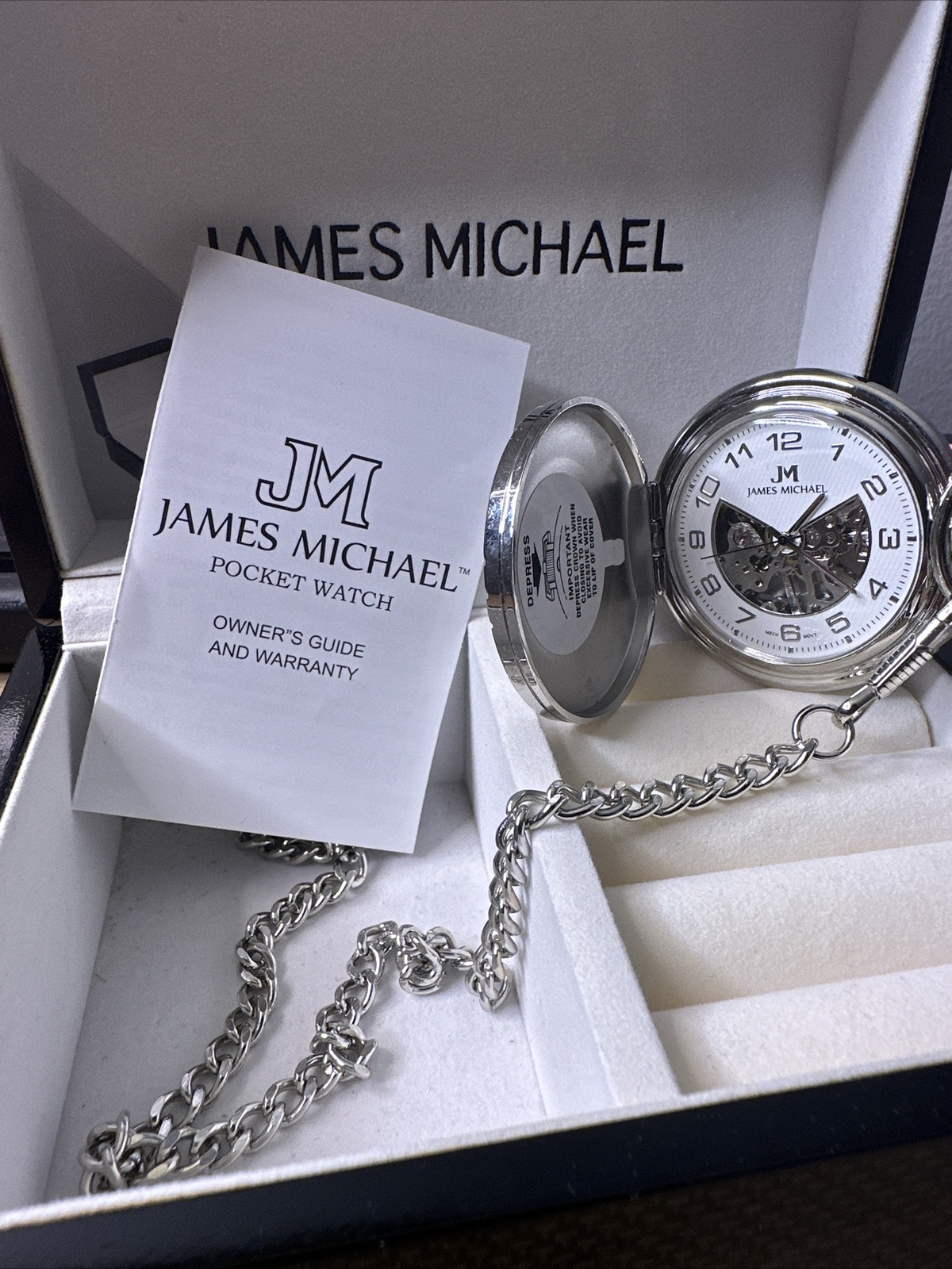 James Michael Pocket Watch ManualWind Mechanical Silver Skeleton Half