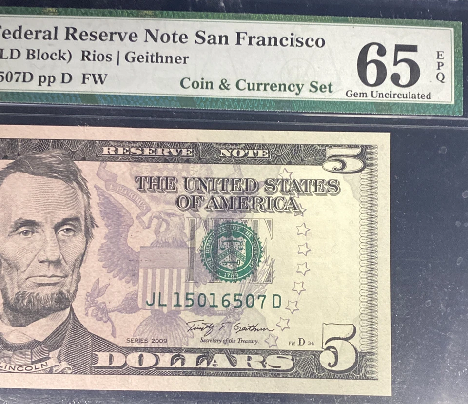 2009 $5 Federal Reserve Note San Francisco Fr #1994-L 65 EPQ - Image 3 of 4