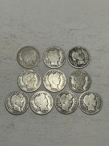 Lot Of 10 Barber Dimes - Various Dates & Mints - 90% Silver