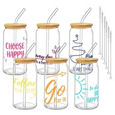 Culudea Glass Cups with Lids and Straws, 6 Pack, 16oz, Motivational