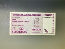 Zimbabwe 5 Billion Dollars Special Agro Cheque 2008 AU/UNC