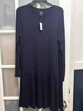 NEW! Gap Navy Blue Ruffle Drop Waist Long Sleeve Stretchy Knit Dress Size Large