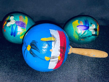 3-Pack Vintage 8" Handpainted Maracas Green Blue Various Scenes