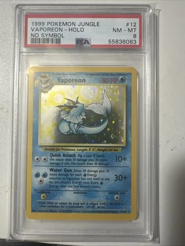 1999 Vaporeon Holo Jungle Set #12 Holographic Pokemon Card No Symbol Error PSA 8