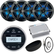 Enrock Marine Stereo Receiver, 4x 6.5" LED Chrome Speakers, Amp, Cover, Antenna