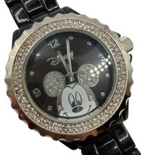 Disney Mickey Mouse Watch Rhinestones Black Metal Band New Battery