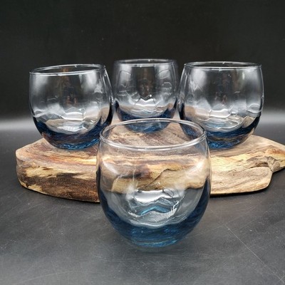 Libbey Blue Swirl Roly Poly Glasses Set of 4 Lowball Whiskey Tumblers 3.25 