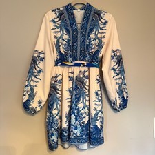 Women's Blue White Bird Floral Print V Neck Long Sleeve Dress Empire Waist Med