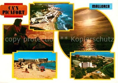 Can Picafort Mallorca Strand Sonnenuntergang am Meer Fliegeraufnahme