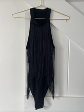 Women's Fringe Trim Sleeveless Bodycon Halter Bodysuit Top Party Concert Small