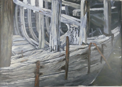 Robert Eid Detail Schiffswrack 2014 Öl Presspappe 55x74 cm Hinte b. Emden Mä-178