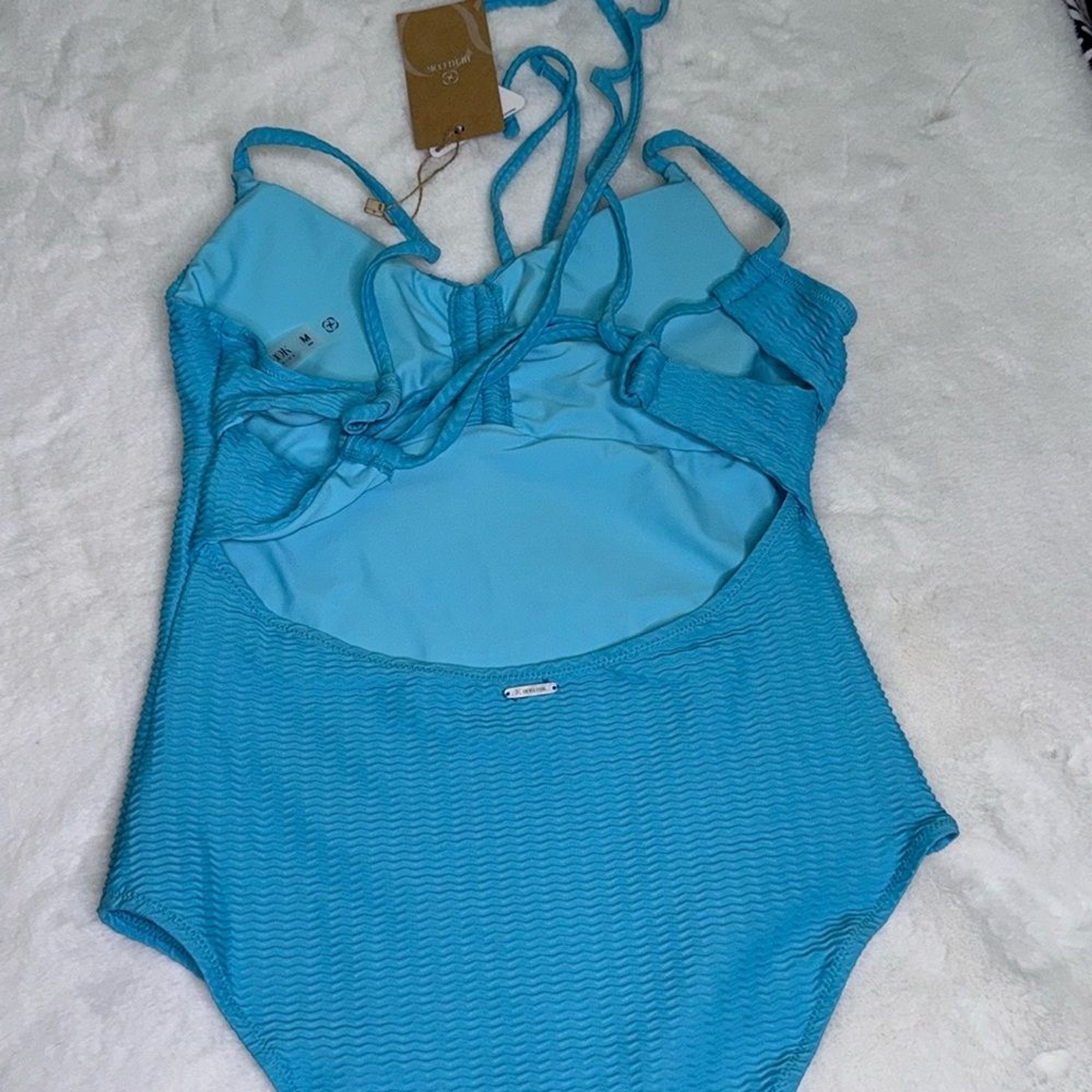 BERLOOK Womens Size Medium OMENSBlue Textured V Neck One-Piece Swimsuit image 8