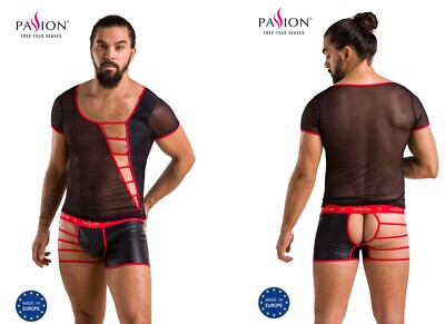 PASSION SET SHIRT SHORTS SCHWARZ ROT KUNSTLEDER NETZ slip offen hose clubwear