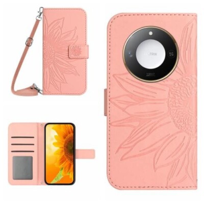 Für Honor X9C Smart Skin Feel Sonnenblumenmuster Leder Handyhülle Mit Lanyard