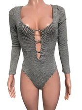 White  Heather Grey Cut-Out Long Sleeve Knit Plunge Bodysuit New Holiday Party