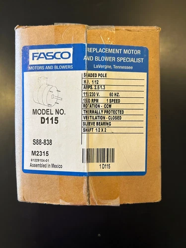 Fasco Shaded Pole Model D115 HP 1/12 Amps 2.5/1.3 115/230V 60HZ 1 Speed 1500 RPM