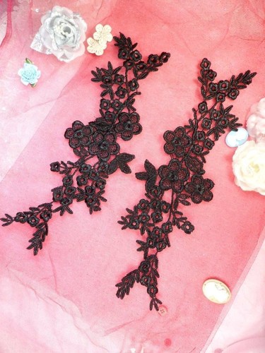 Lace Costume Appliques Black Floral Embroidered Mirror Pair Motifs 14" DH89 - 第 1/1 張圖片