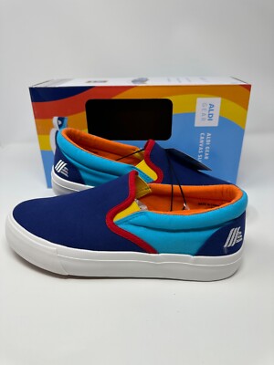 2023 Aldi Gear CANVAS SLIP ONS BLUE MULTI ICONIC COLORS Shoes Women's Size 8 NEW