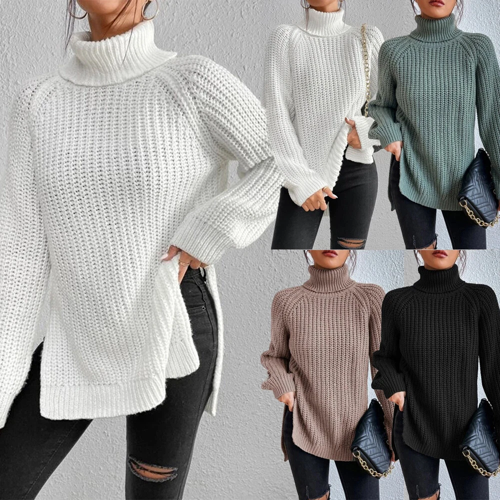 Women High Neck Knitted Sweater Tops Ladies Casual Baggy Side Split Solid Jumper