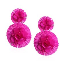 Raffia Flower Earrings Raffia Straw Wrapped Hot Pink Flower Drop Dangle Earri...