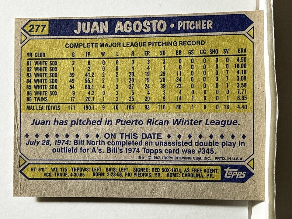 1987 Topps Baseball Card #277 - Juan Agosto (Twins) - Image 2 of 2