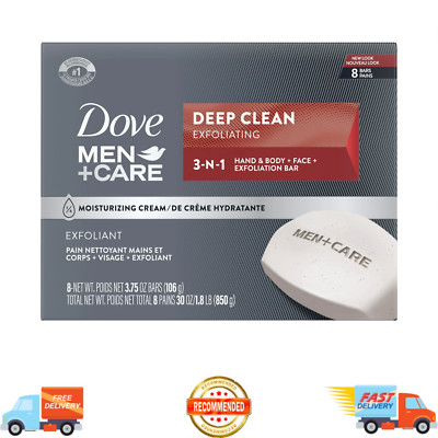 Dove Men+Care Men's 3-in-1 Bar Soap Deep Clean, 3.75 oz, 8 Bars, Free Shipping